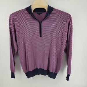 Turtleson Mens Large 1/4 Zip Sweater Striped Pink Navy Blue Cotton Knit